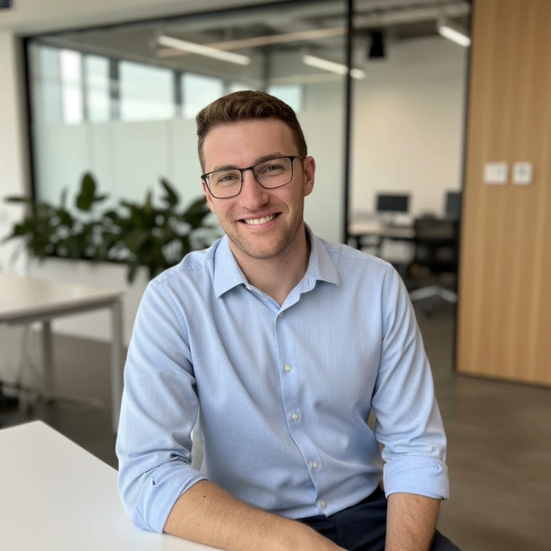 Smiling man wearing glasses and a light blue shirt sits at a white table in a bright modern office.